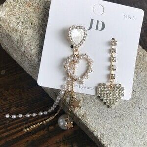 Mismatch Dangle Stud Earrings Hearts Pearl Beads and Pave NEW! 1247K2
